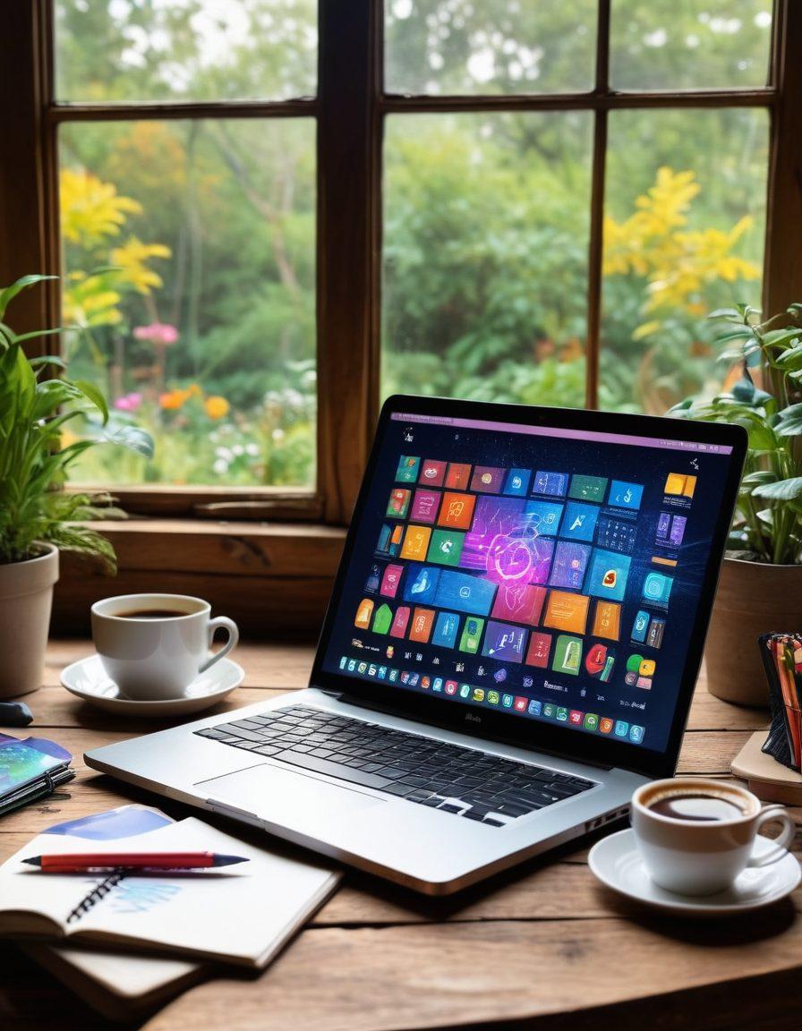 An open laptop on a rustic wooden table with a glowing screen displaying colorful graphics of digital publishing icons. Surrounding the laptop are vibrant notebooks and pens, symbolizing creativity and organization. A cup of steaming coffee sits beside it, merging comfort with tech. In the background, a large window reveals a beautiful garden, representing growth and inspiration. super-realistic. vibrant colors. soft focus.