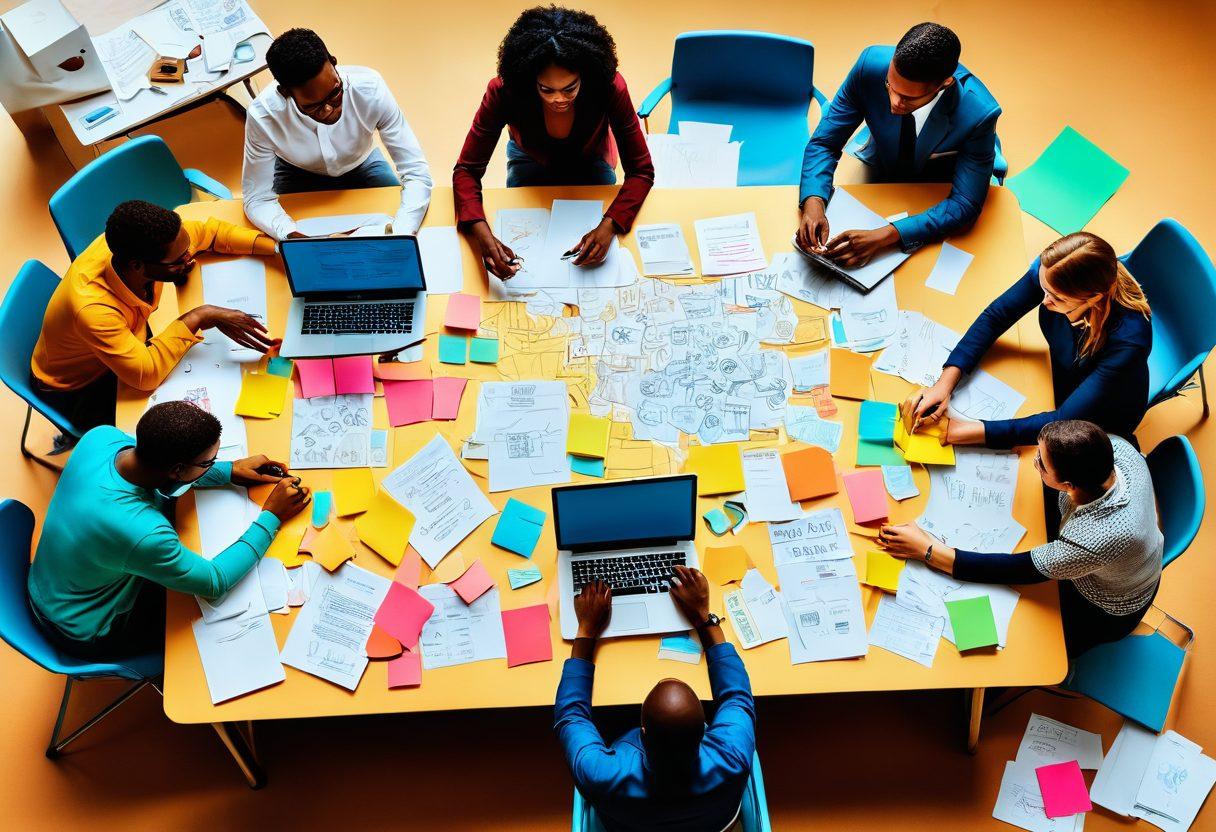 A vibrant illustration of a diverse group of individuals collaborating around a large table filled with laptops, notes, and coffee cups. The table is scattered with colorful post-it notes representing ideas, and a flowchart on a whiteboard illustrates the journey from concept to creation. Soft, warm lighting creates an inviting atmosphere, symbolizing teamwork in nonprofit content management. super-realistic. vibrant colors. digital art.